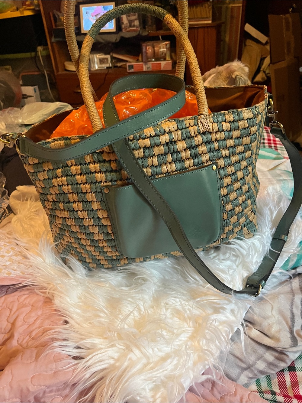 Woven Straw Tote with Green Trim and Shoulder Strap Patrica Nash